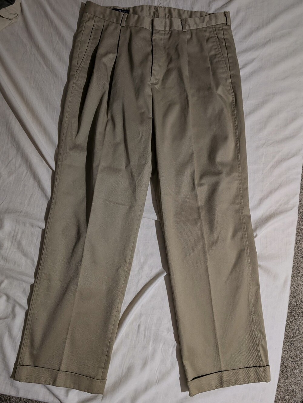 EUC Vintage Lands' End Chino Khakis Dress Pants Tan Pleated Made In USA Size 35